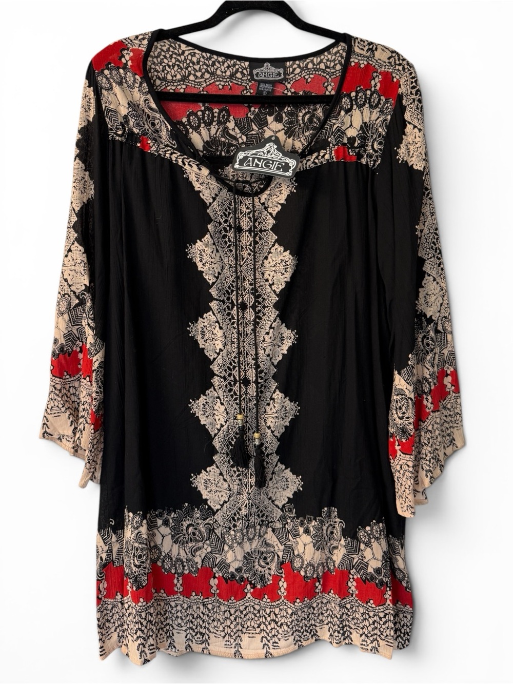 Angie Boho Dress Black Red Global Inspired Print Tassel Tie Neck New with Tags S - Picture 2 of 10